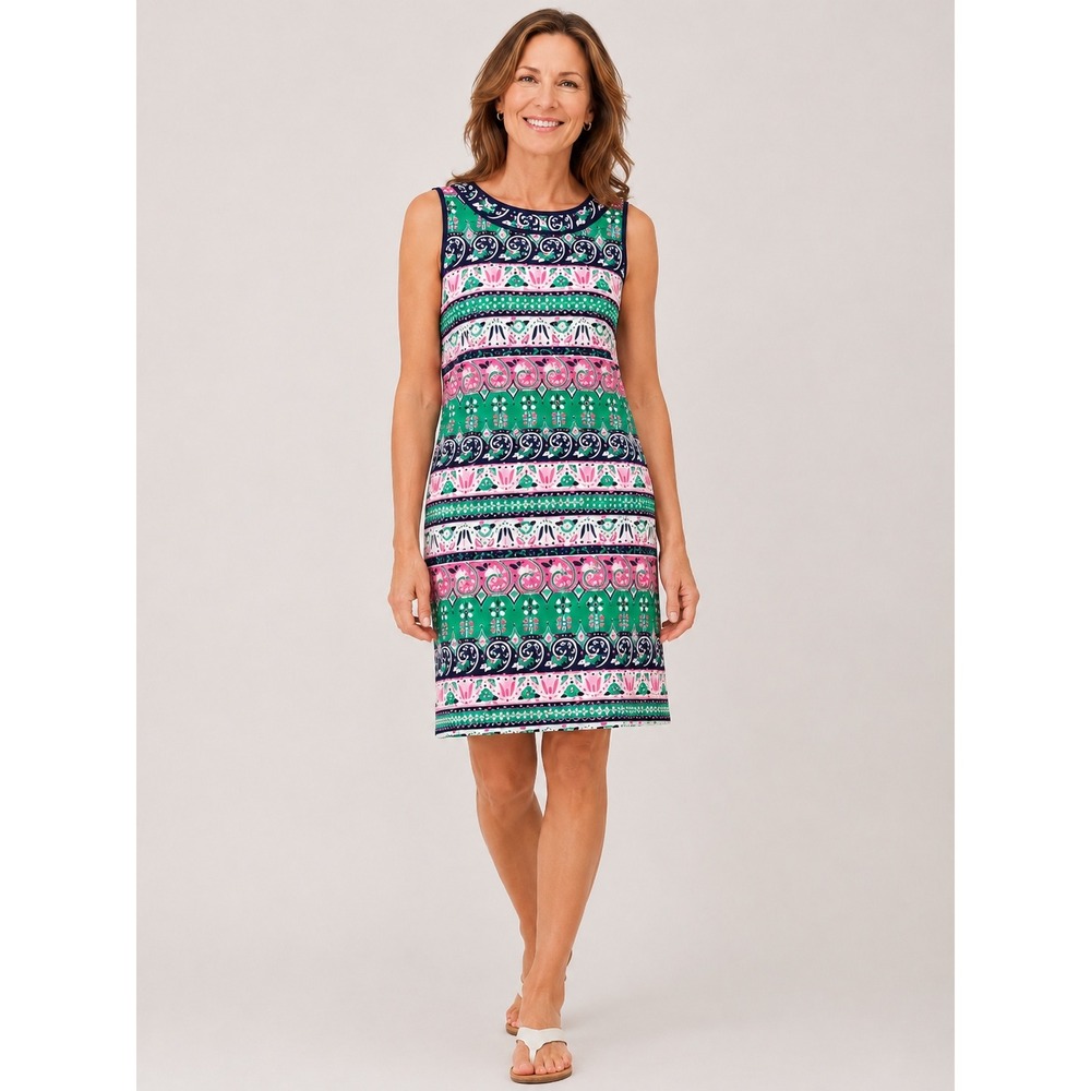 Talbots Womens Paisley Medallion Shift Dress 14WP Preppy Green Pink Sleeveless